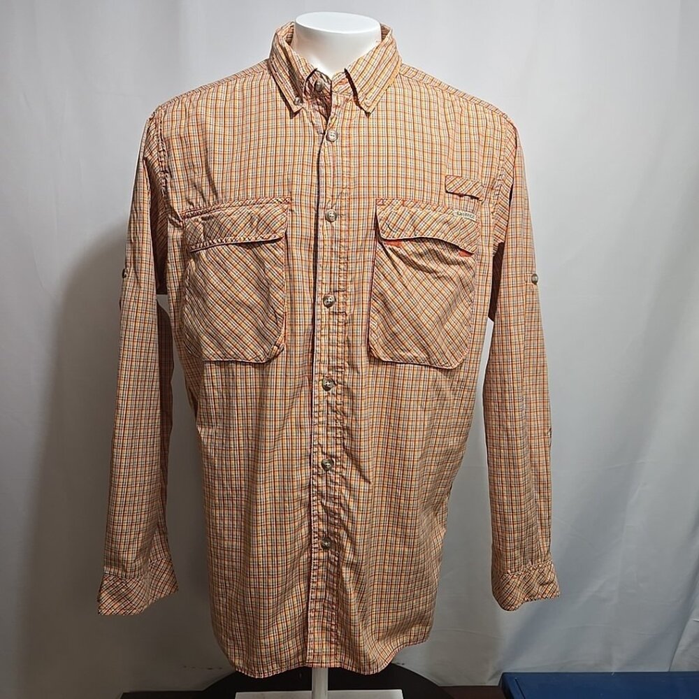 Exofficio Fishing Shirt Men Size XL Roll Tab Sleeve Button Up Vented Caped Plaid